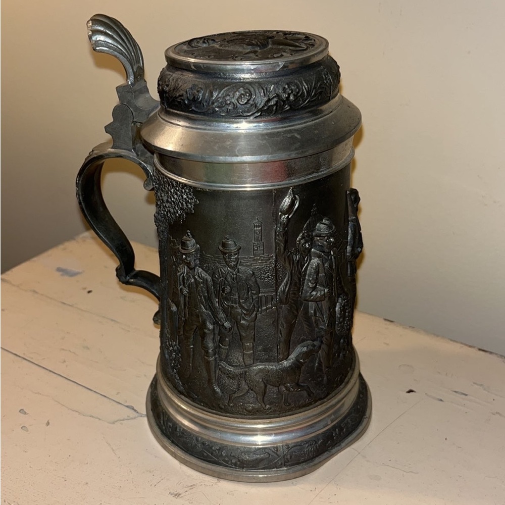 Antique Bavarian Beer Stein, German, Pewter, Jug, Decorative Relief, Circa 1920